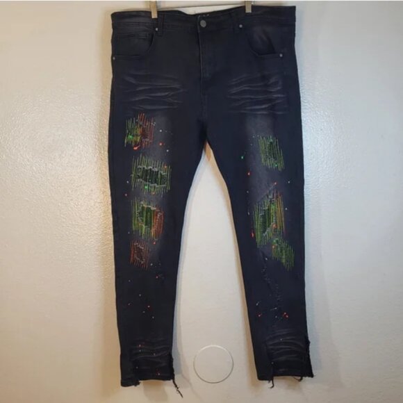 Switch Remarkable Slim Tapered Embroidered Distressed Painted Jeans - Picture 1 of 9